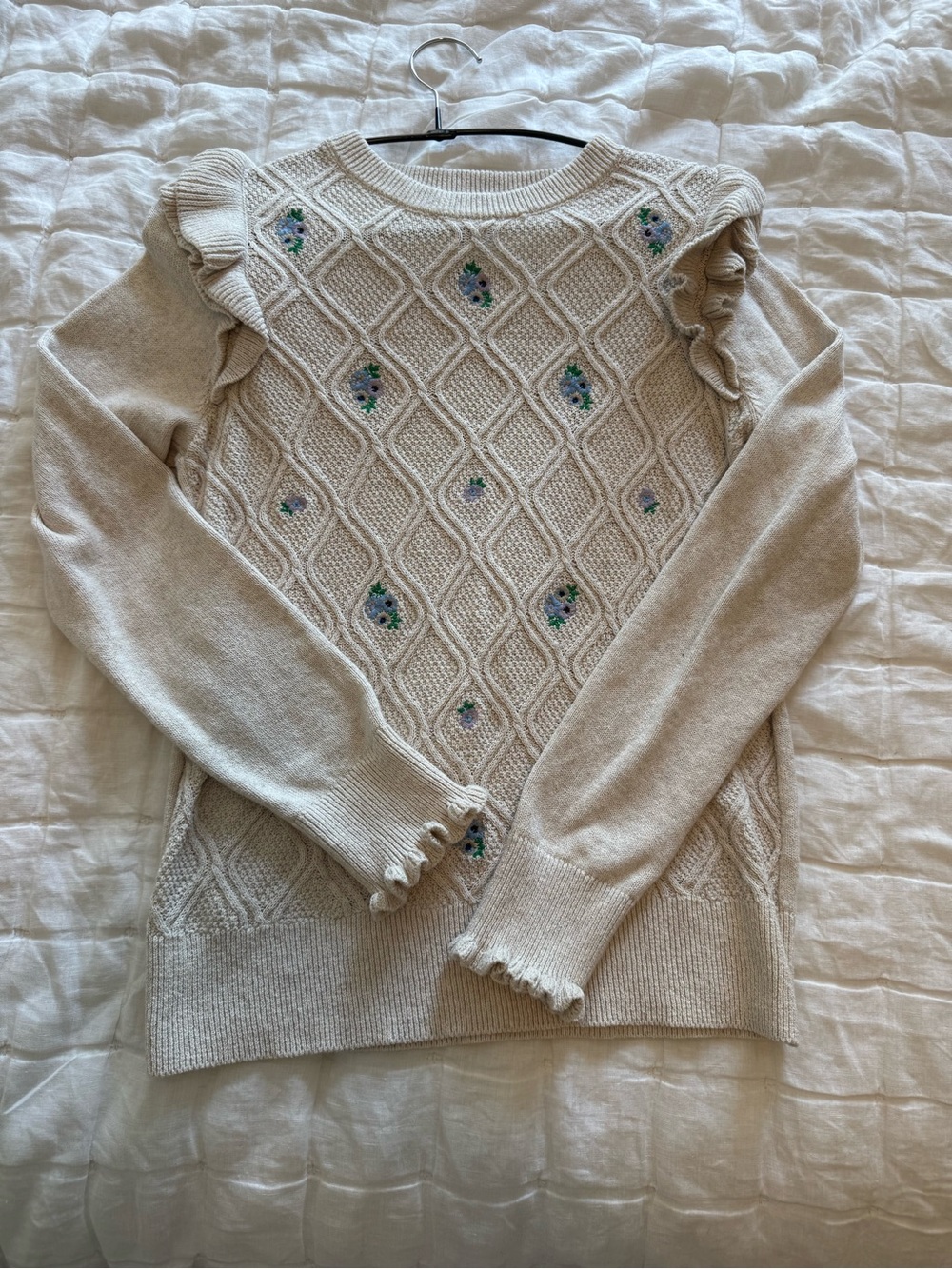 Charter Club Cream Diamond Knit Ruffle-Shoulder Sweater with Floral Embroidery
